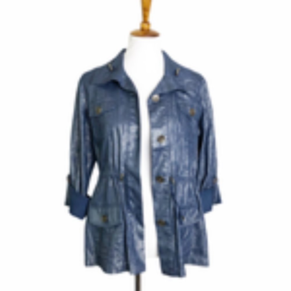 CHICO's Anorak Utility Metallic Blue Chambray Jacket Women's Size 1 (8/1… - Picture 2 of 16